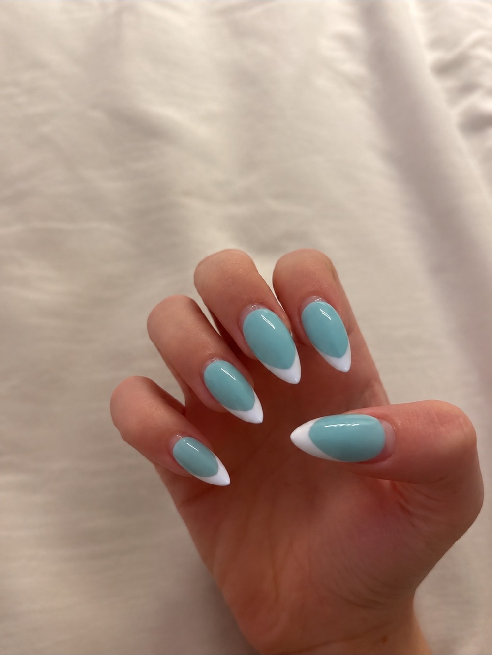 Aqua & White Almond Gel Nail Set - Women Makeup